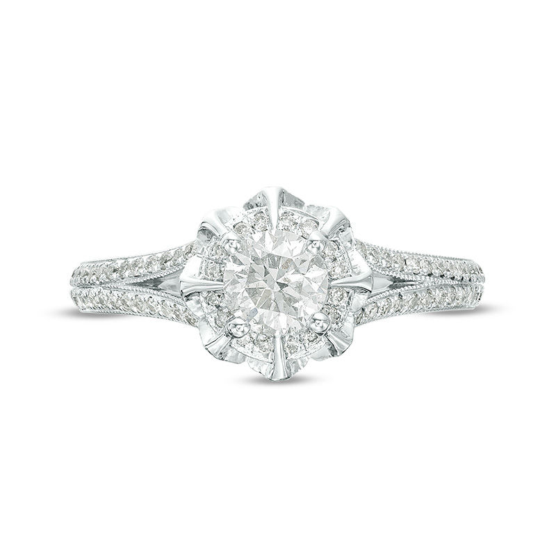 1 CT. T.W. Diamond Flower Frame Vintage-Style Engagement Ring in 10K White Gold