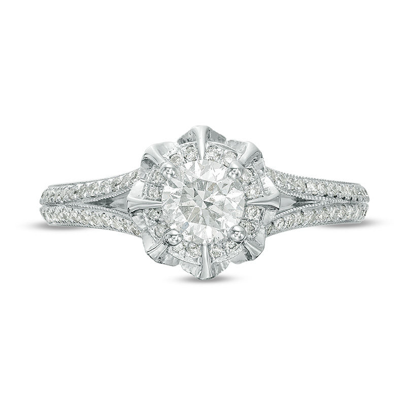 1 CT. T.W. Diamond Flower Frame Vintage-Style Engagement Ring in 10K White Gold