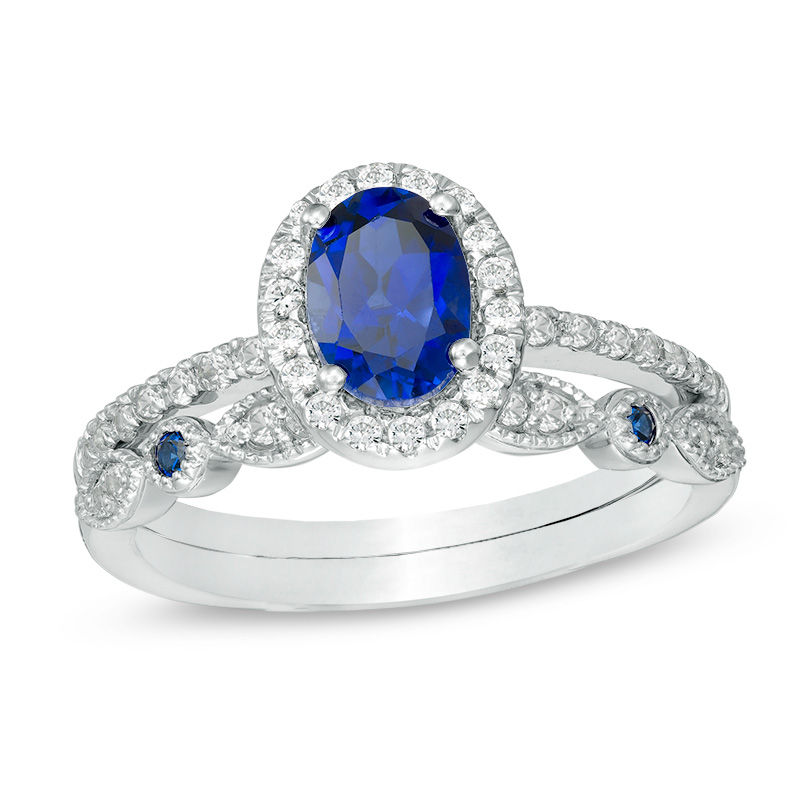 Oval Lab-Created Blue and White Sapphire Frame Vintage-Style Bridal Set in 10K White Gold