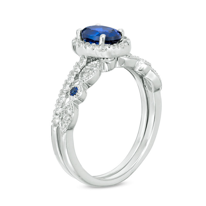 Oval Lab-Created Blue and White Sapphire Frame Vintage-Style Bridal Set in 10K White Gold