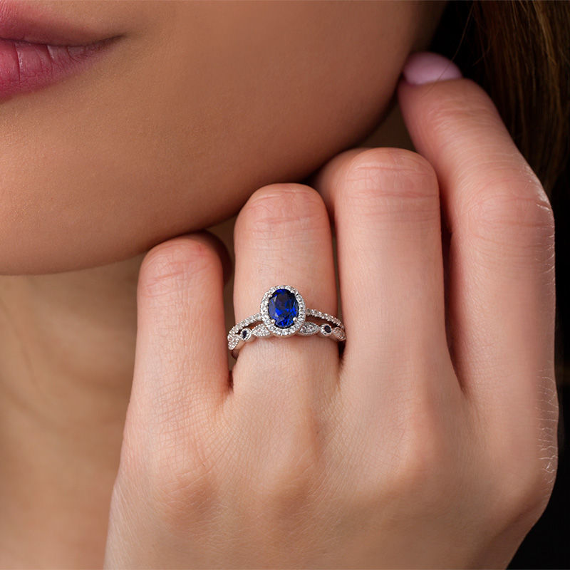 Oval Lab-Created Blue and White Sapphire Frame Vintage-Style Bridal Set in 10K White Gold