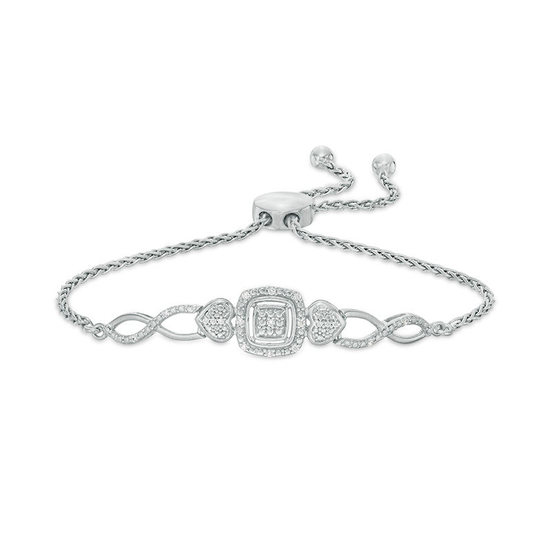 Main Image 1 of 1/10 CT. T.W. Diamond Cushion Frame Heart-Sides Twist Bolo Bracelet in Sterling Silver - 9.5"