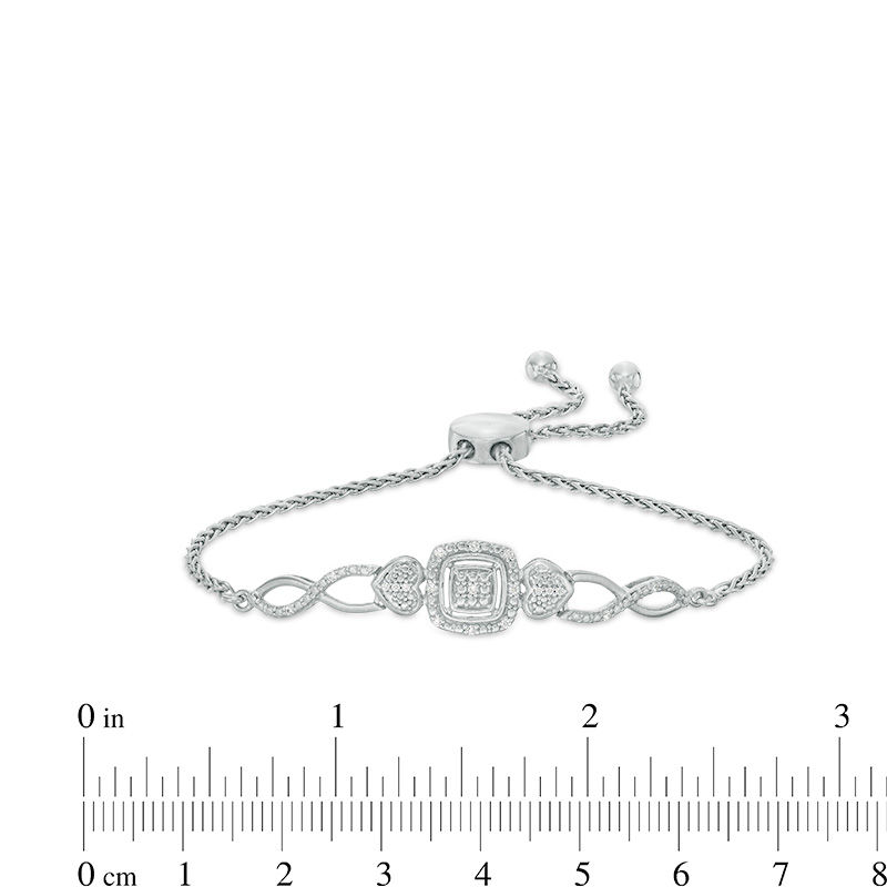 Main Image 2 of 1/10 CT. T.W. Diamond Cushion Frame Heart-Sides Twist Bolo Bracelet in Sterling Silver - 9.5"