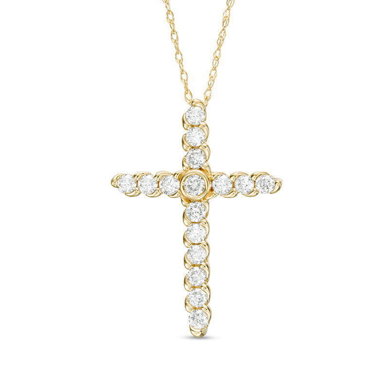 Main Image 1 of 1/2 CT. T.W. Diamond Bypass Cross Pendant in 14K Gold