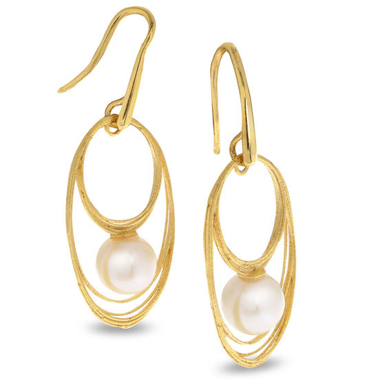 7.5-8.0mm Freshwater Cultured Pearl Double Oval Drop Earrings in 14K Gold