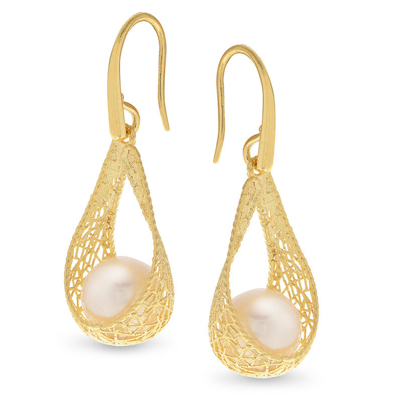 9.0-9.5mm Freshwater Cultured Pearl Teardrop Drop Earrings in 14K Gold