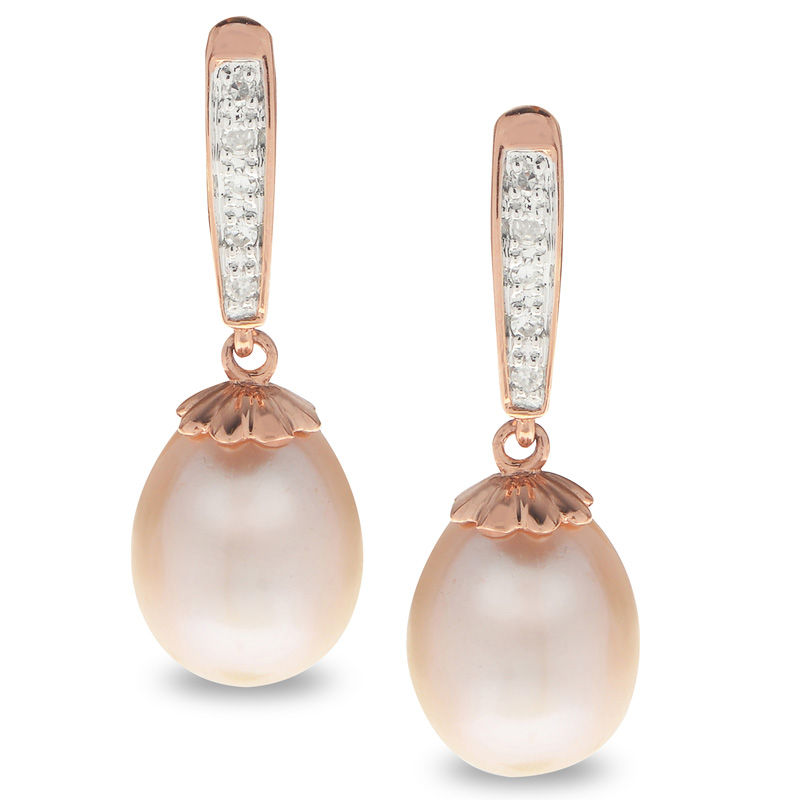 8.0-8.5mm Oval Pink Freshwater Cultured Pearl and 1/20 CT. T.W. Diamond Drop Earrings in 14K Rose Gold