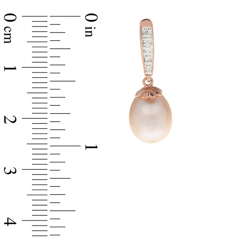 8.0 - 8.5mm Oval Pink Cultured Freshwater Pearl and 1/20 CT. T.W. Diamond Drop Earrings in 14K Rose Gold