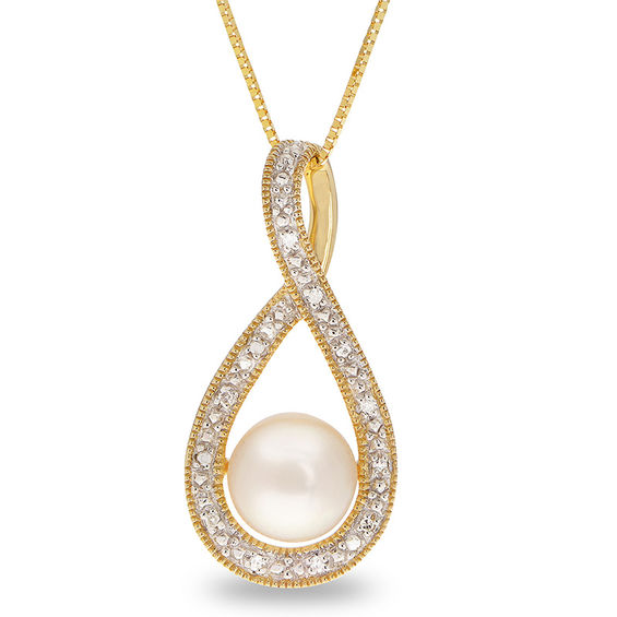 7.0-7.5mm Button Cultured Freshwater Pearl and Diamond Accent Twist Vintage-Style Pendant in 14K Gold