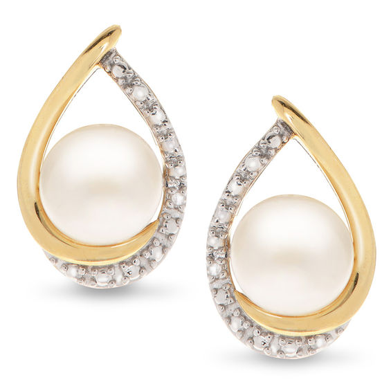7.0mm Button Cultured Freshwater Pearl and Diamond Accent Teardrop Stud Earrings in 10K Gold 7.0mm Button Cultured Freshwater Pearl and Diamond Accent Teardrop Stud Earrings in 10K Gold