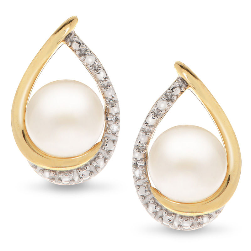 Main Image 1 of 7.0mm Button Freshwater Cultured Pearl and Diamond Accent Teardrop Stud Earrings in 10K Gold