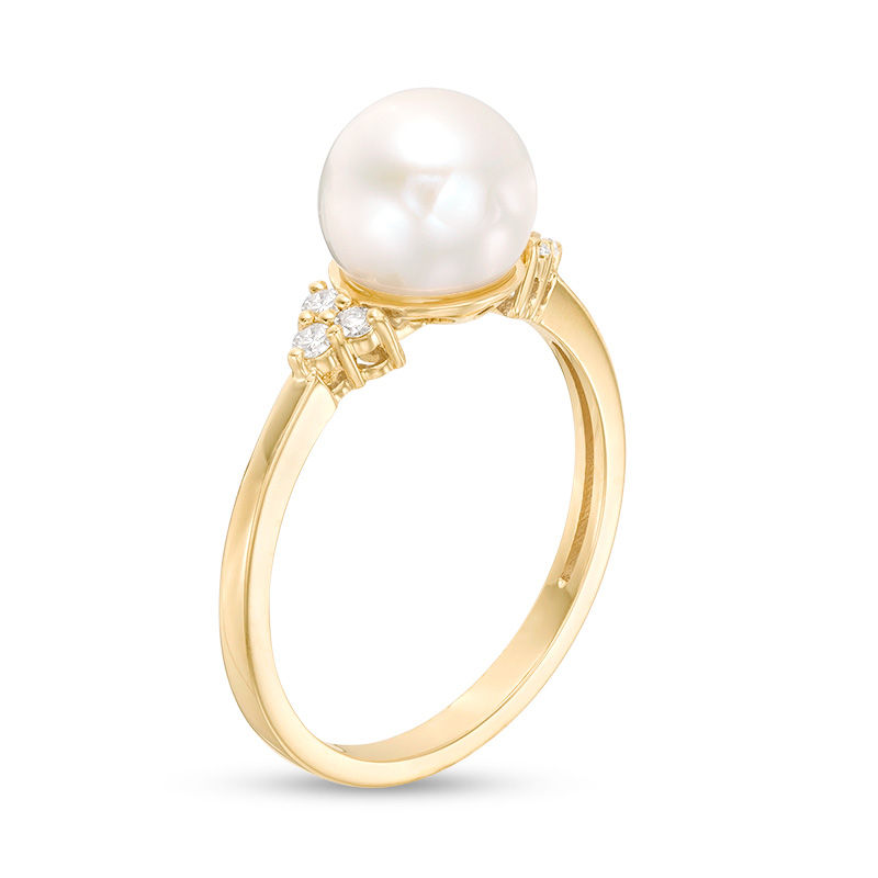 Main Image 3 of 7.5-8.0mm Freshwater Cultured Pearl and Diamond Accent Tri-Sides Ring in 14K Gold