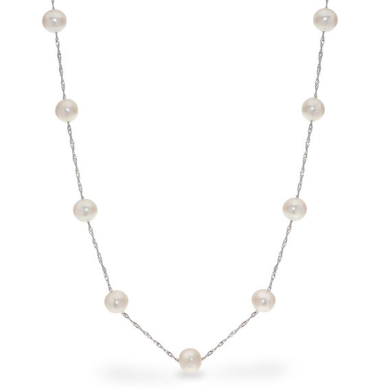 7.0-8.0mm Oval Freshwater Cultured Pearl Station Necklace in Sterling Silver