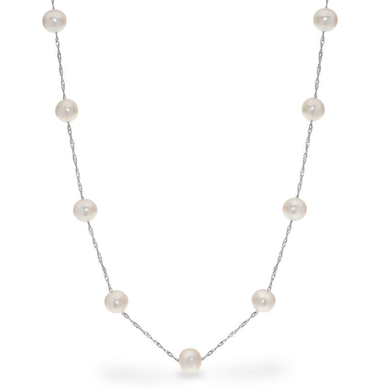 Main Image 1 of 7.0-8.0mm Oval Freshwater Cultured Pearl Station Necklace in Sterling Silver