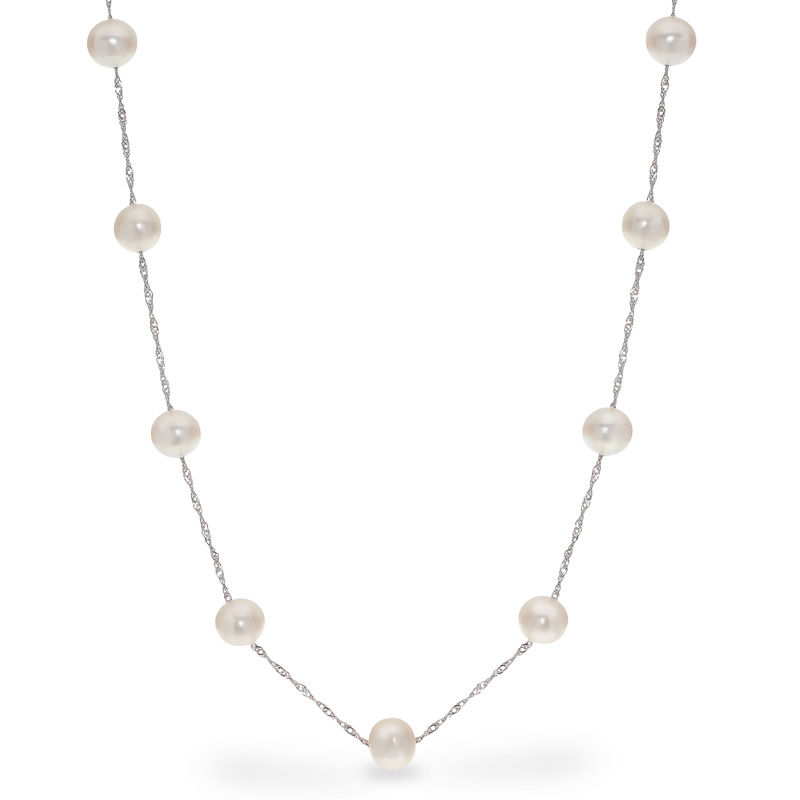 7.0 - 8.0mm Oval Cultured Freshwater Pearl Station Necklace in Sterling Silver