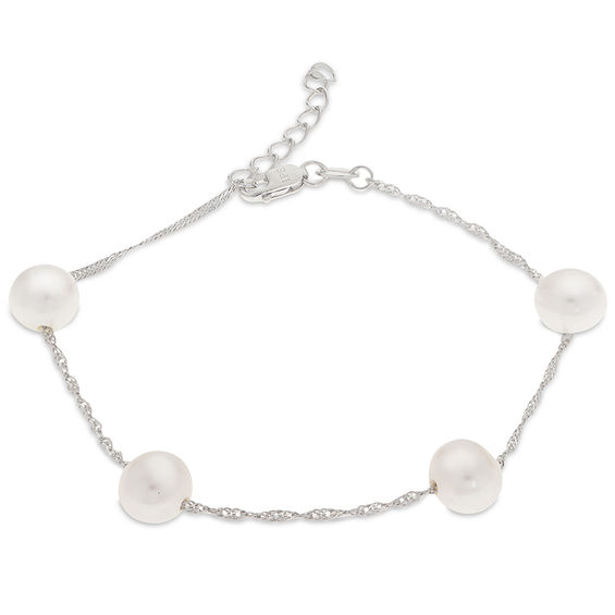 7.0-8.0mm Oval Freshwater Cultured Pearl Station Bracelet in Sterling Silver-8.5"