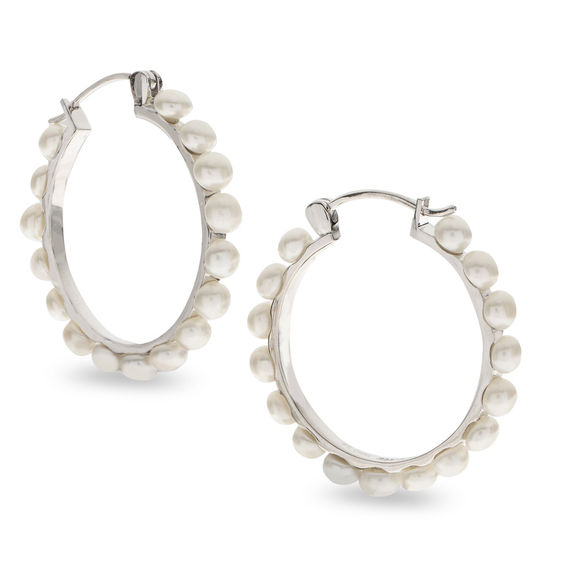 4.0 - 5.0mm Button Cultured Freshwater Pearl Hoop Earrings in Sterling Silver 4.0 - 5.0mm Button Cultured Freshwater Pearl Hoop Earrings in Sterling Silver