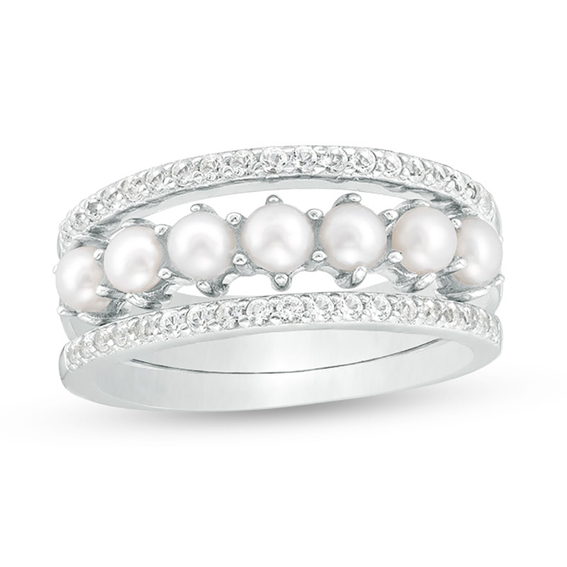 Main Image 1 of Oval Freshwater Cultured Pearl and White Topaz Three Piece Stackable Band Set in Sterling Silver
