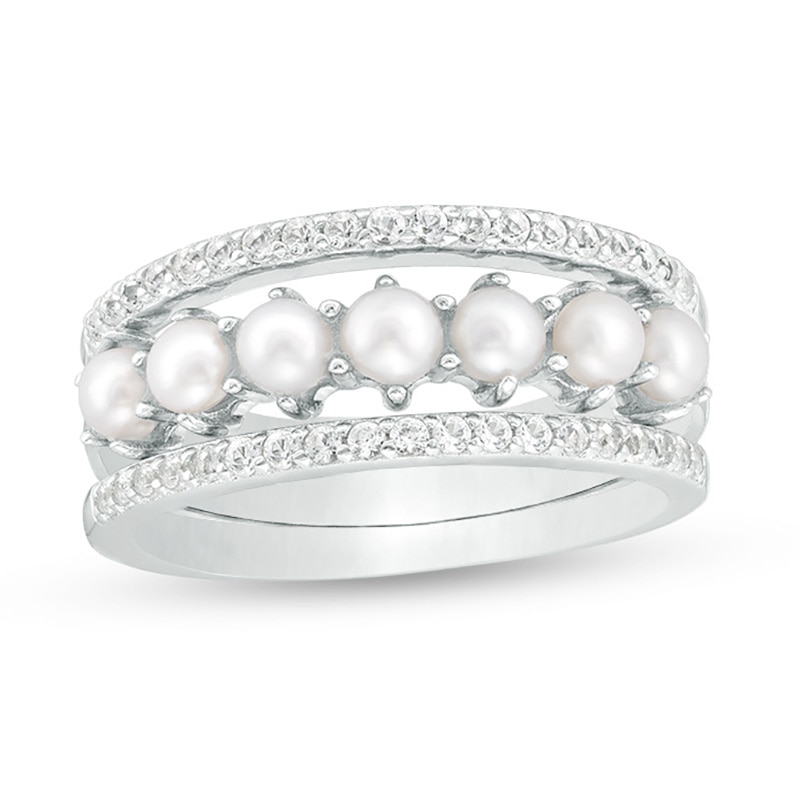 Oval Cultured Freshwater Pearl and White Topaz Three Piece Stackable Band Set in Sterling Silver