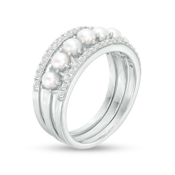 Oval Freshwater Cultured Pearl and White Topaz Three Piece Stackable Band Set in Sterling Silver