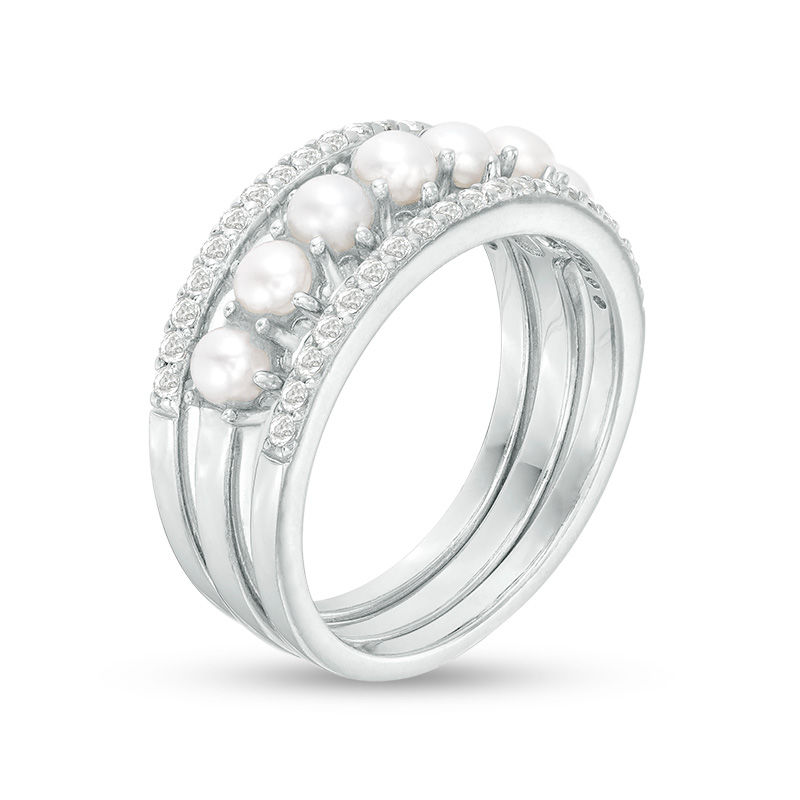 Main Image 3 of Oval Freshwater Cultured Pearl and White Topaz Three Piece Stackable Band Set in Sterling Silver