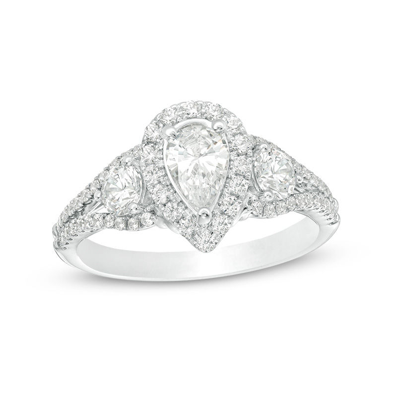 Main Image 1 of 1-1/5 CT. T.W. Pear-Shaped Diamond Past Present Future® Frame Engagement Ring in 14K White Gold