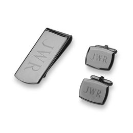 Men's Engravable Money Clip and Cuff Links Set in Brass with Gunmetal Grey Electroplate (3 Initials)