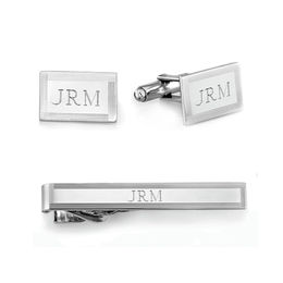 Men's Striped Border Tie Bar and Cuff Links Set in Brass with White Rhodium (3 Initials)