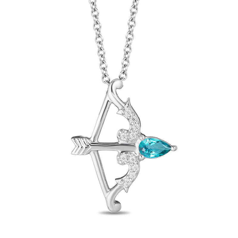 Main Image 1 of Enchanted Disney Merida Pear-Shaped Blue Topaz and 1/20 CT. T.W. Diamond Bow and Arrow Pendant in Sterling Silver - 19"