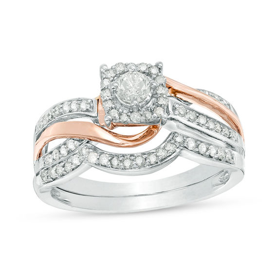 1/2 CT. T.w. Diamond Square Frame Bypass Bridal Set in 10K Two-Tone Gold