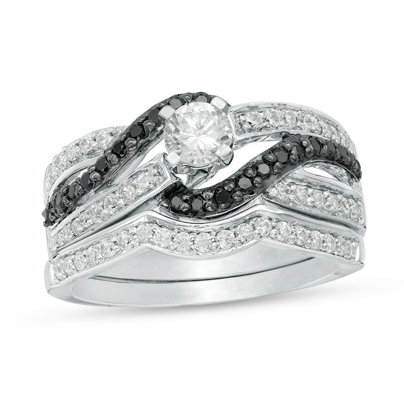 Main Image 1 of 7/8 CT. T.W. Enhanced Black and White Diamond Bypass Bridal Set in Sterling Silver