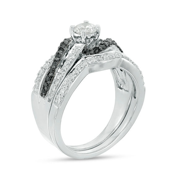 7/8 CT. T.w. Enhanced Black and White Diamond Bypass Bridal Set in Sterling Silver