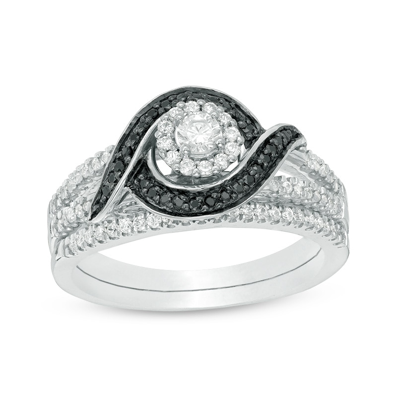 Main Image 1 of 1/2 CT. T.W. Enhanced Black and White Diamond Frame Bypass Swirl Bridal Set in 10K White Gold