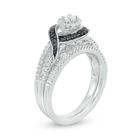 1/2 CT. T.w. Enhanced Black and White Diamond Frame Bypass Swirl Bridal Set in 10K White Gold