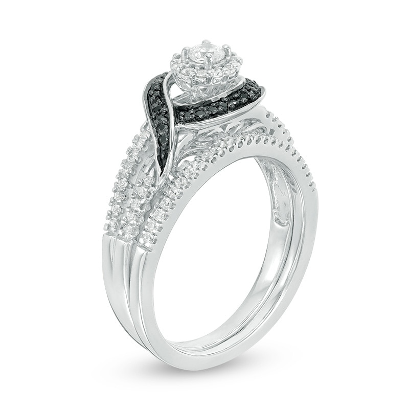 Main Image 2 of 1/2 CT. T.W. Enhanced Black and White Diamond Frame Bypass Swirl Bridal Set in 10K White Gold