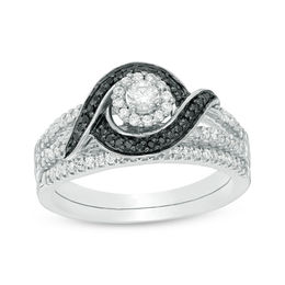 1/2 CT. T.W. Enhanced Black and White Diamond Frame Bypass Swirl Bridal Set in 10K White Gold