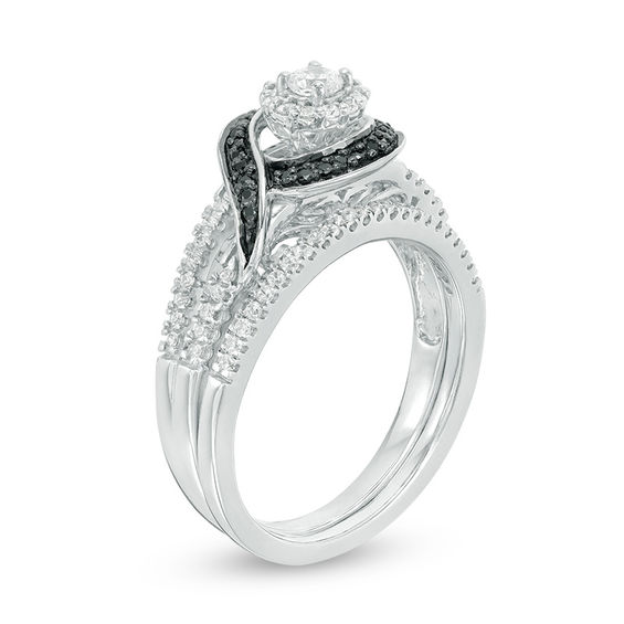 1/2 CT. T.w. Enhanced Black and White Diamond Frame Bypass Swirl Bridal Set in 10K White Gold
