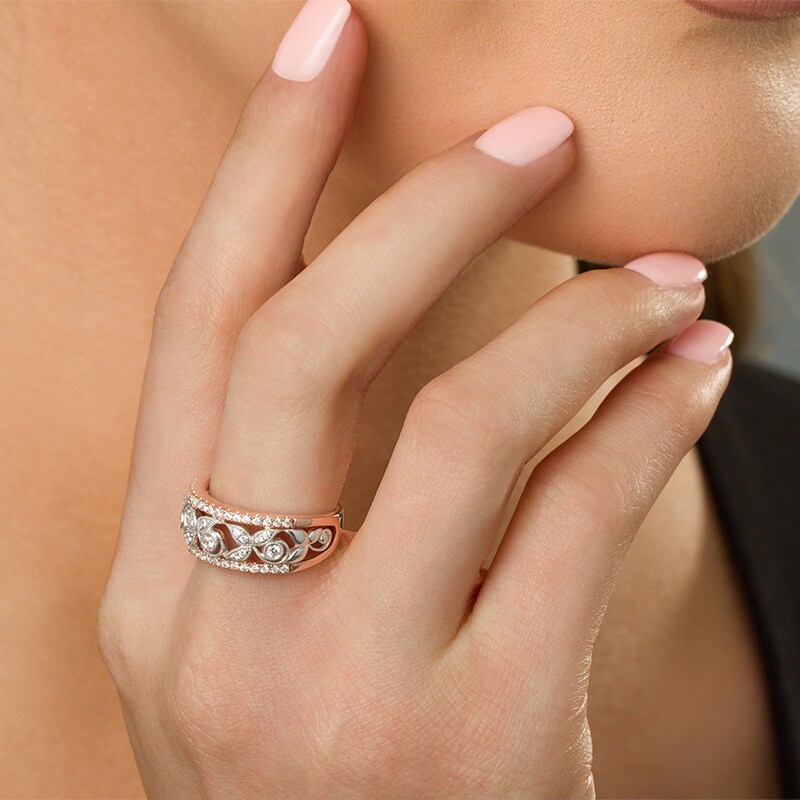 Main Image 2 of 1/2 CT. T.W. Diamond Vine with Leaves Vintage-Style Anniversary Band in 10K Two-Tone Gold