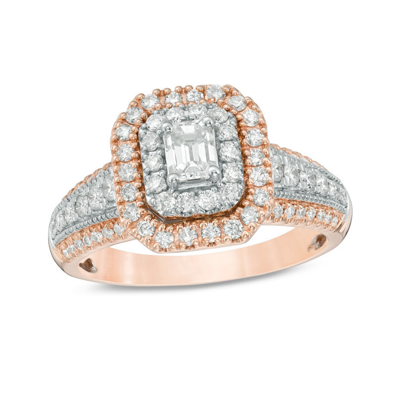 Main Image 1 of 1 CT. T.W. Emerald-Cut Diamond Double Frame Vintage-Style Engagement Ring in 14K Two-Tone Gold