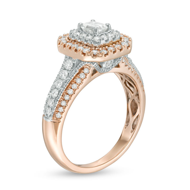Main Image 2 of 1 CT. T.W. Emerald-Cut Diamond Double Frame Vintage-Style Engagement Ring in 14K Two-Tone Gold