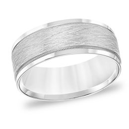 8.0mm Comfort-Fit Brushed Center Milgrain Wedding Band in 14K White Gold
