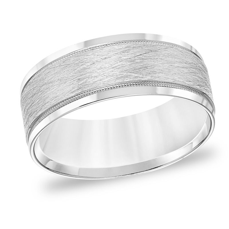 Main Image 1 of 8.0mm Comfort-Fit Brushed Center Milgrain Wedding Band in 14K White Gold
