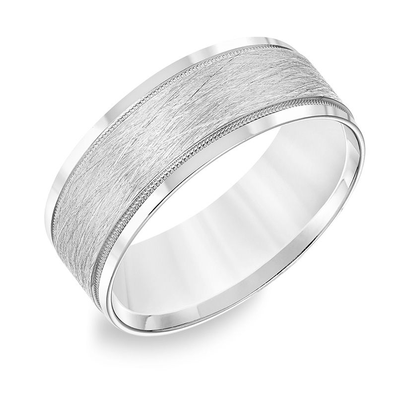 Main Image 2 of 8.0mm Comfort-Fit Brushed Center Milgrain Wedding Band in 14K White Gold