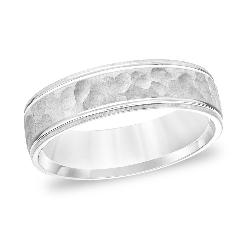 Main Image 1 of 6.0mm Comfort-Fit Brushed Hammered Wedding Band in 14K White Gold