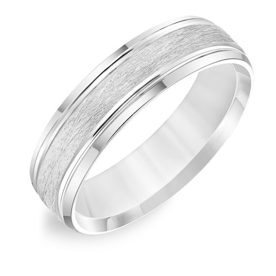 6.0mm Comfort-Fit Brushed Grooved Edge Wedding Band in 14K White Gold