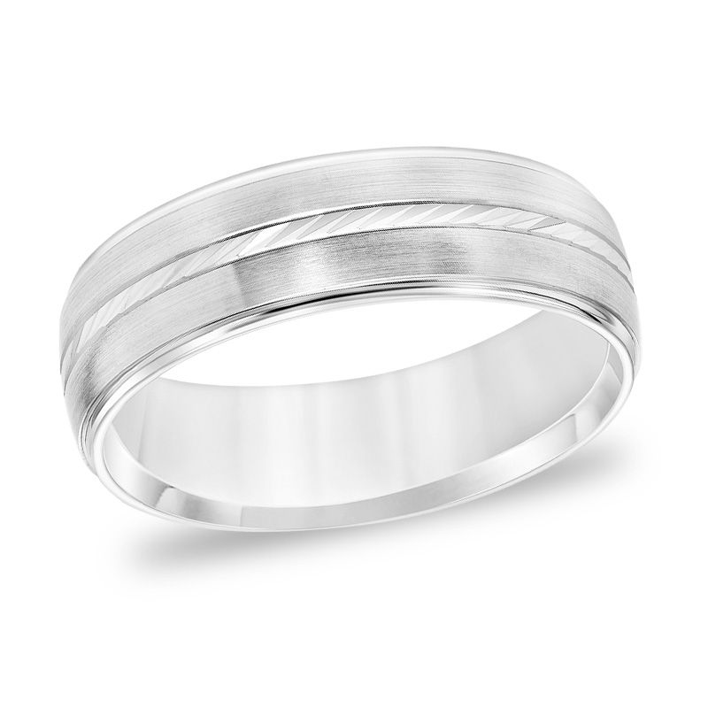 Main Image 1 of Men's 6.0mm Comfort-Fit Swiss-Cut Etched Center Brushed Wedding Band in 14K White Gold