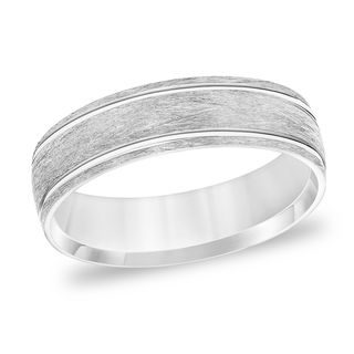 6.0mm Comfort-Fit Brushed Wire-Textured Grooved Wedding Band in 14K White Gold