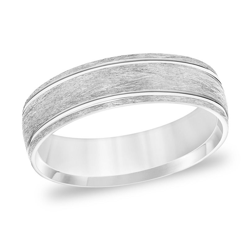 Main Image 1 of 6.0mm Comfort-Fit Brushed Wire-Textured Grooved Wedding Band in 14K White Gold