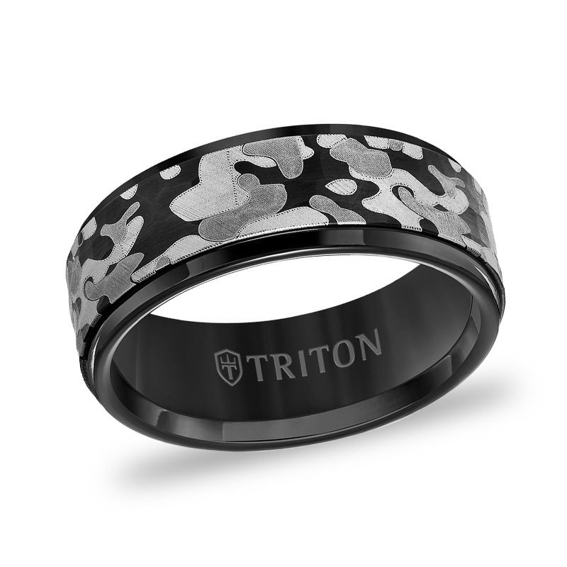 Triton Men's 8.0mm Comfort-Fit Grey Camouflage Inlay Beveled Edge Wedding Band in Black Tungsten Carbide