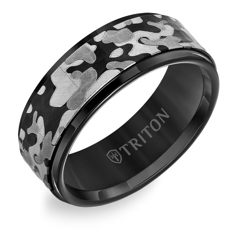 Triton Men's 8.0mm Comfort-Fit Grey Camouflage Inlay Beveled Edge Wedding Band in Black Tungsten Carbide